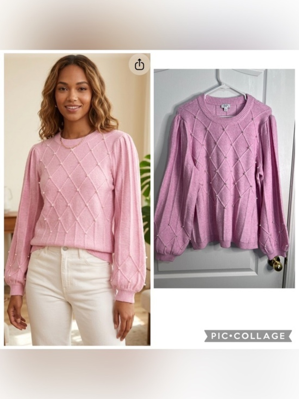 crown & ivy Pale Pink Pearl-Accent Diamond Knit Crewneck Sweater size XL
